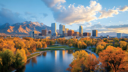 Obraz premium Autumn cityscape panorama city skyline, park, lake, mountains at sunset. Ideal for travel brochures or city guides