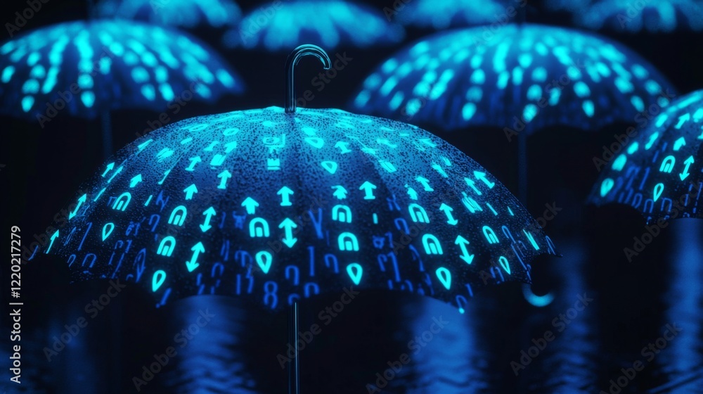 Poster glowing umbrellas with digital patterns and raindrops in a night scene for futuristic themes