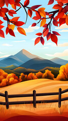 Autumn mountain landscape, field, trees, fall foliage, scenic view, perfect for greeting cards