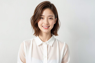 A woman with short brown hair and a white shirt is smiling