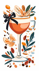 Autumnal cocktail, garnished with citrus and leaves, on white background; ideal for menu design