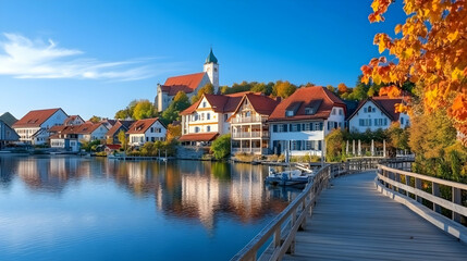 Autumnal lakeside village, church steeple, scenic walkway, colorful foliage