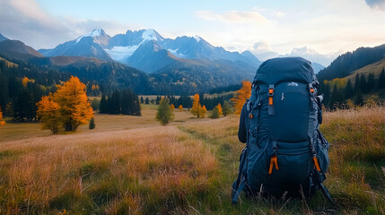 Backpack autumn mountain landscape travel rest