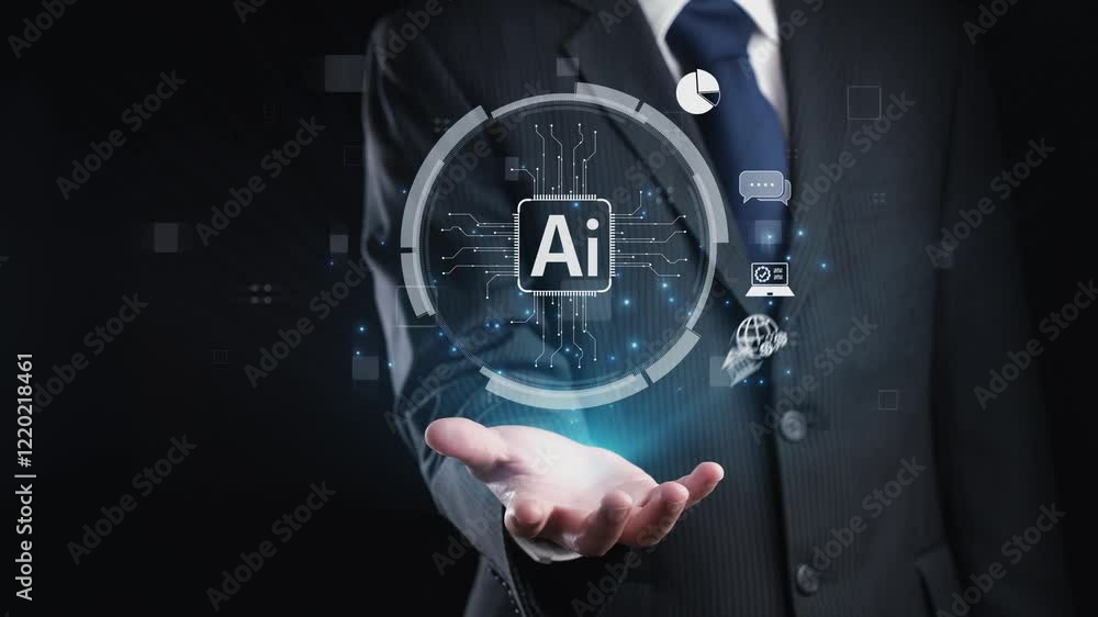 Poster human interact with ai artificial intelligence brain processor in concept of ai artificial intellige