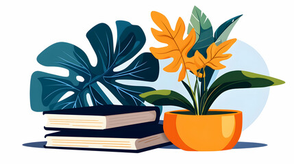 Books and potted plant on desk, peaceful background, ideal for education or relaxation