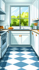 Fototapeta premium Bright kitchen interior design, sunny window view, tiled floor, home decor