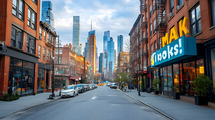 Calm city street, skyscrapers background, early morning, quiet shops. Ideal for urban lifestyle blogs