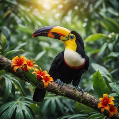 Fototapeta premium A baby toucan on a tropical branch, with vibrant jungle leaves and flowers.