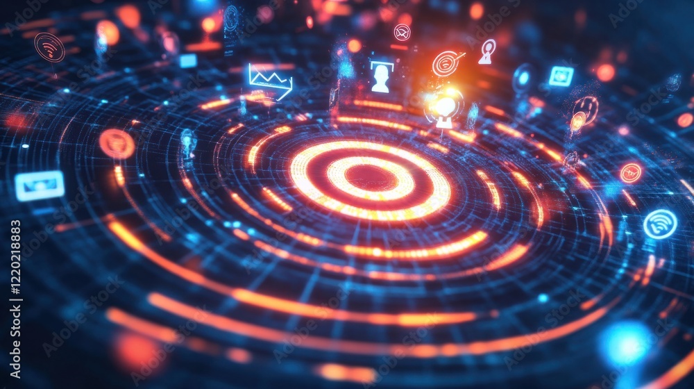 Poster a glossy 3d target surrounded by a swirl of dynamic audience icons being visually drawn into its glo