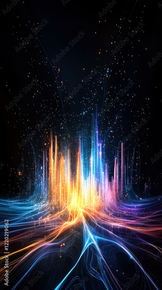 Poster an enchanting visualization of vibrant light waves and data streams, creating a captivating interpla
