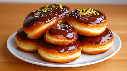 Chocolate glazed donuts with pistachios on a wooden table.  Perfect for food blogs and dessert menus