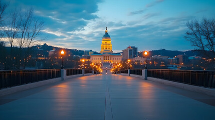 City capitol building at dawn, bridge view, urban skyline