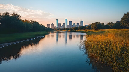 Fototapeta premium City skyline reflected in tranquil river at dawn; parkland foreground; urban landscape; ideal for travel brochures