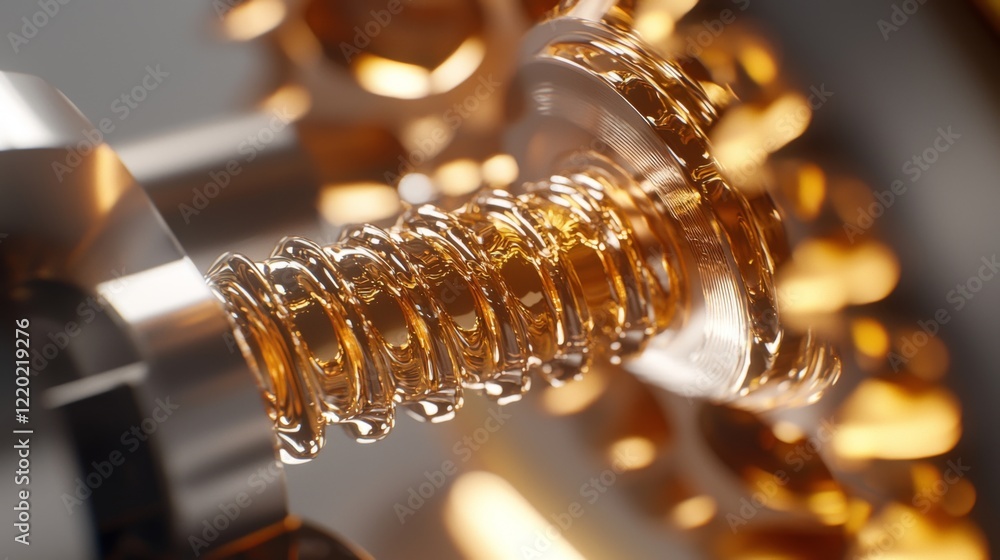 Poster close-up view of a spiraling spring and gears in a mechanical device with golden hue and reflective 