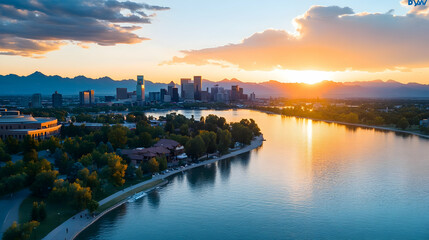 Cityscape sunset over lake and mountains; idyllic summer evening; tourism; scenic background