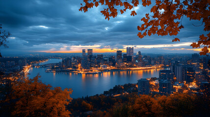 Fototapeta premium Cityscape sunrise, autumn leaves framing urban waterfront, illuminated buildings, river reflections. Ideal for travel brochures