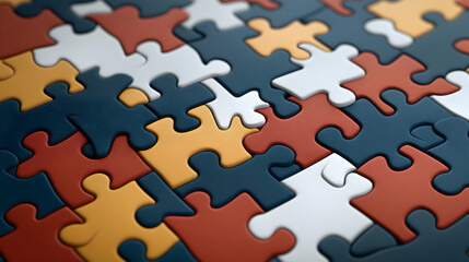 Close-up of interconnected puzzle pieces, various colors, teamwork concept, background blurred