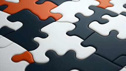 Obraz premium Close-up of interlocking puzzle pieces, white, dark grey, and burnt orange, representing teamwork and problem-solving. Suitable for business or teamwork concepts