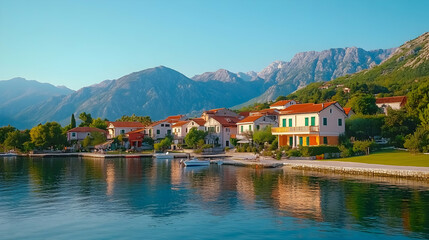 Fototapeta premium Coastal village sunrise, mountains backdrop, calm waters, travel destination