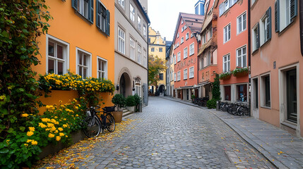 Cobblestone street in European city, autumn leaves, parked bikes, quiet atmosphere, travel photography