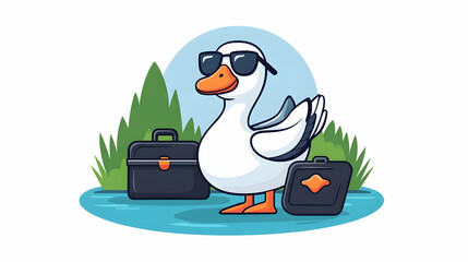 Fototapeta premium Cool goose businessman traveling with briefcases by lake