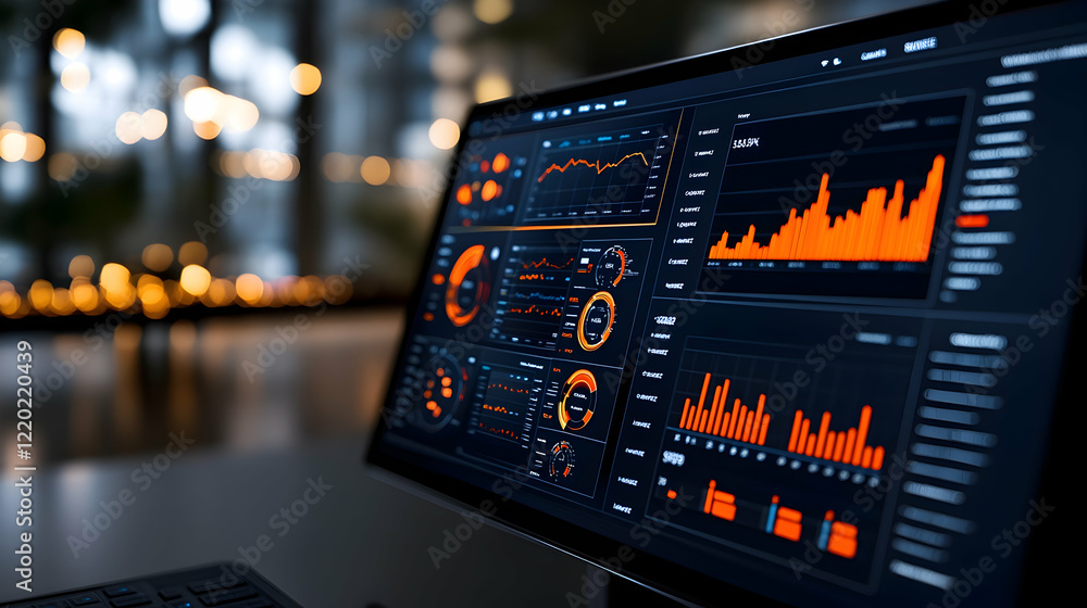 Poster data analytics dashboard on computer screen, office background, business analysis