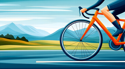 Fototapeta premium Cyclist rides road bike, mountain backdrop, summer day, active lifestyle banner