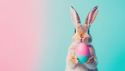 Obraz premium cute bunny holding colorful Easter egg against pastel background, evoking joyful and festive atmosphere