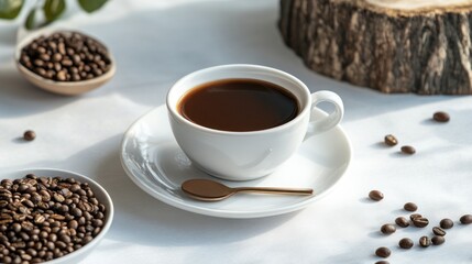 Obraz premium Aromatic Coffee Cup Beans And Spoon On White Tabletop