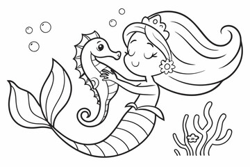Mermaid hugs seahorse . Coloring page. Coloring book. Drawing of Mermaid hugs seahorse isolated on a white background. Vector outline