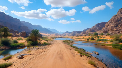 Desert oasis road trip scenic route through mountains and palm trees