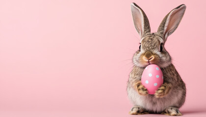Obraz premium cute bunny holding pink Easter egg against soft pink background, perfect for celebrating holiday. This adorable scene captures joy of Easter