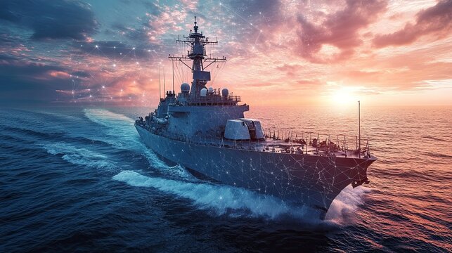 A modern warship at sea with digital overlays, symbolizing advanced naval technology and modern military power, ideal for defense industry and maritime technology content.