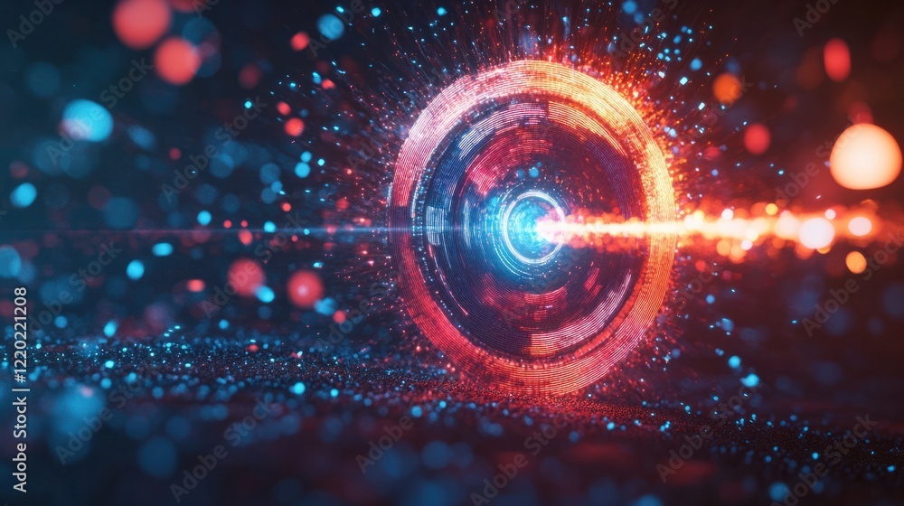 Poster a glowing 3d target with digital particles representing audience icons being magnetically attracted 