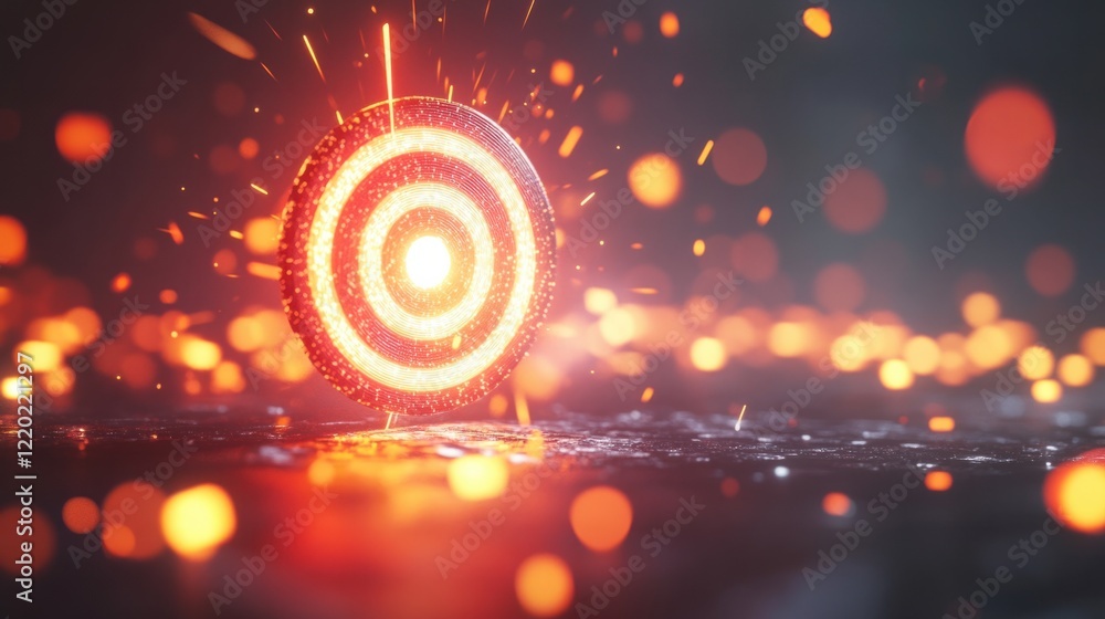 Poster a glowing 3d target with digital particles representing audience icons being magnetically attracted 