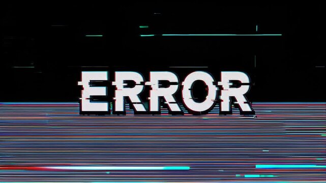 Error text violently glitches in void. Static camera with aggressive RGB channel separation. Horizontal scan lines tear across frame. Text corrupts, fragments, destabilizes with chaotic rhythm.