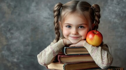 Girl smiles, books & apple, education, grey background, school