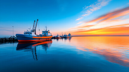 Obraz premium Fishing boats at sunset harbor, calm water, colorful sky, peaceful scene, ideal for travel brochures