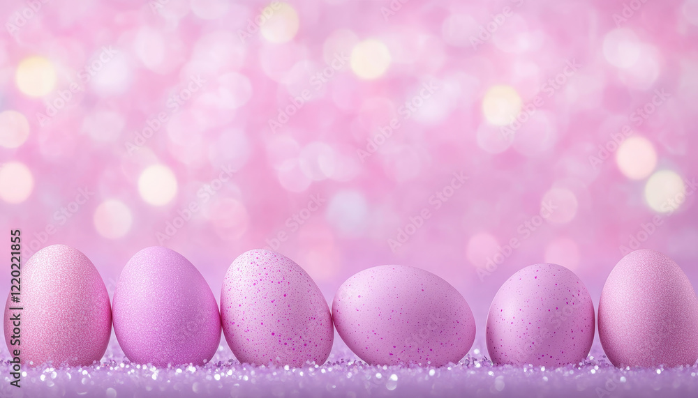 Poster magical easter background with glowing pink eggs and bokeh lights, creating festive atmosphere. perf