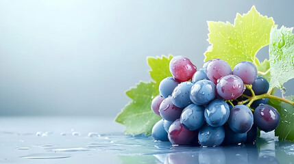 Fresh red and blue grapes with water droplets on a reflective surface, against a soft background; ideal for food blogs and packaging