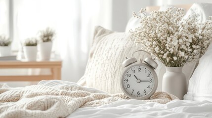 A simple alarm clock on the bedside table, set for an early morning time. The background is white and clean to highlight the alarm clock's features