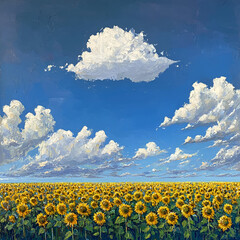 Fototapeta premium Sunflowers Under a Summer Sky: A breathtaking vista of a vast sunflower field stretching to the horizon under a brilliant blue sky dotted with fluffy white clouds.