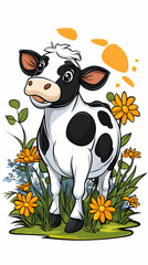 Obraz premium Happy calf in meadow, sunrise background; for children's book illustration