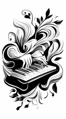 Fototapeta premium Hands playing piano amidst swirling floral design; artistic representation for music-themed projects