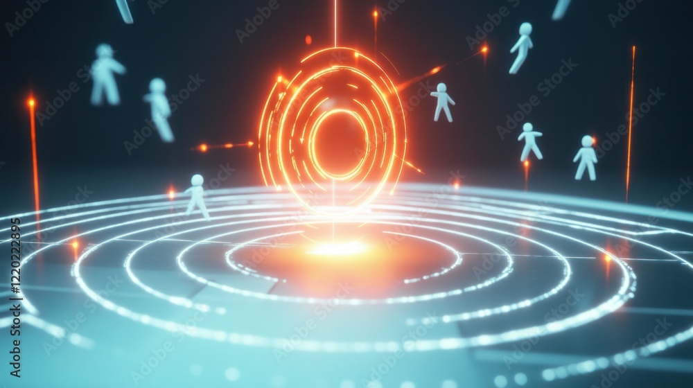 Poster a sleek 3d target with arrows converging into its center, visually pulling floating audience figures