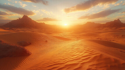 serene desert scene with sun rising over golden sand dunes, casting warm light across landscape, creating tranquil and breathtaking atmosphere
