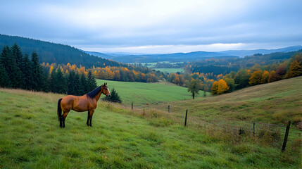 Horse gazing autumn valley landscape; idyllic rural scene, perfect for travel or nature publications