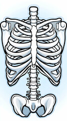 Human rib cage, spinal column, and pelvis; anatomical illustration; light blue background; medical or educational use