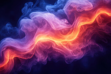 Fototapeta premium Ethereal smoke waves in vibrant colors of orange, pink, and blue create mesmerizing abstract background. fluid motion evokes sense of energy and dynamism