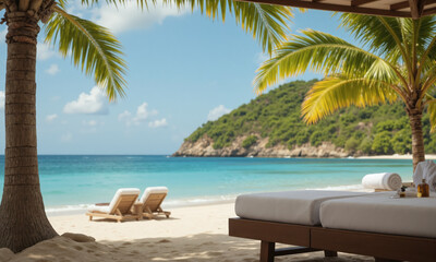 Tropical Beachside Spa Experience A serene tropical spa with massage tables set on the sand, surrounded by palm trees and ocean breezes,